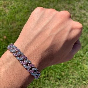 14k White Gold Plated Two Tone Iced Cuban Link Bracelet 11mm 8” Box Clasp